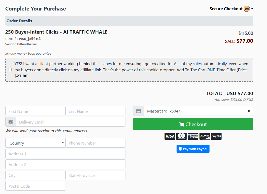 AI Traffic Whale order details on checkout page